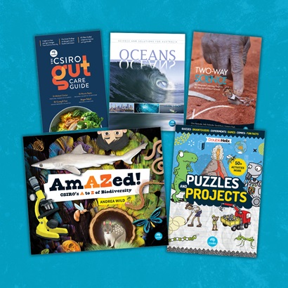 Front covers of a selection of CSIRO science books. Titles include The CSIRO Gut Care Guide, Oceans, Two-way Science,  Amazed! CSIRO's A to Z of Biodiversity, and Puzzles and Projects.